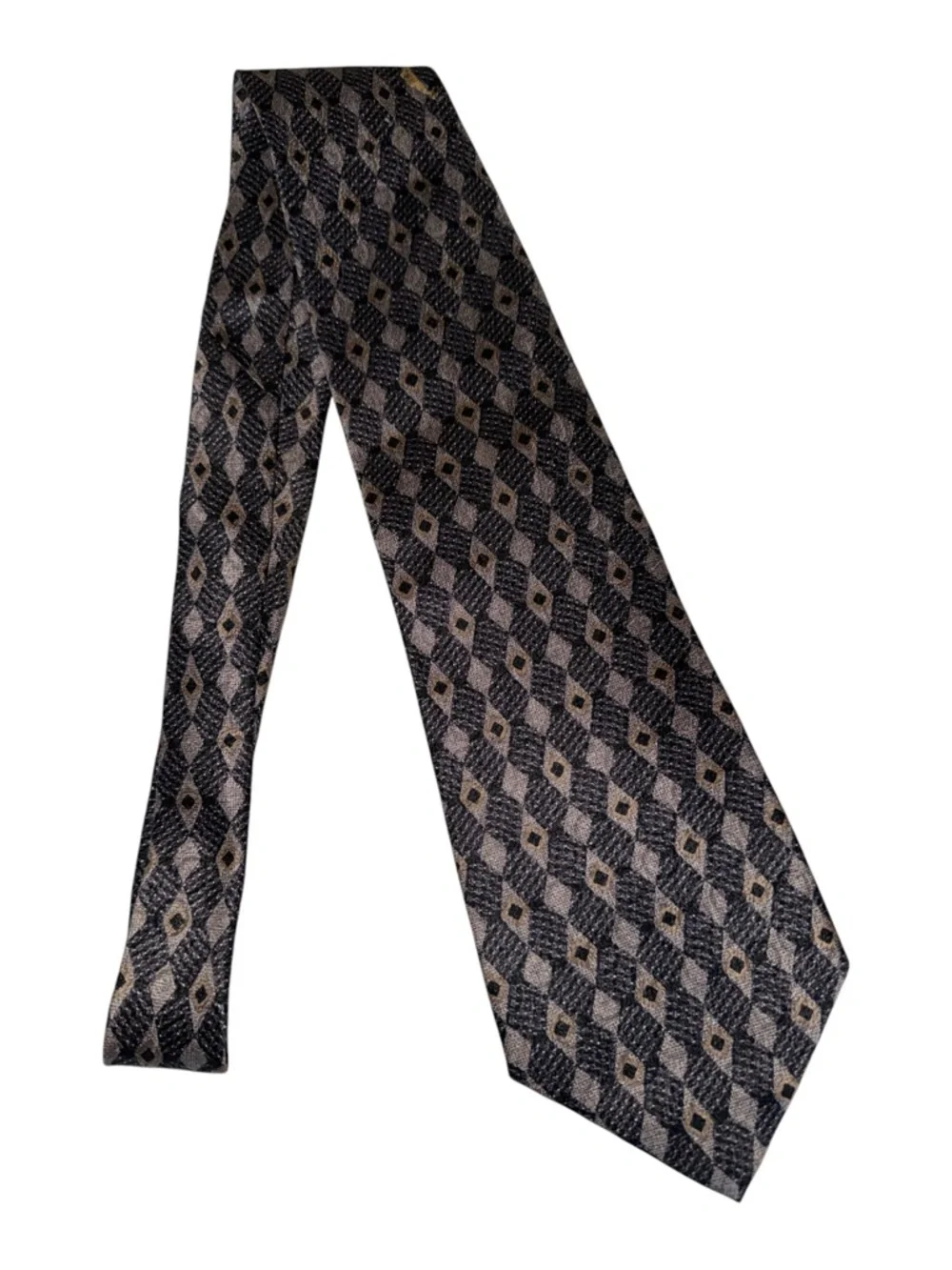 Pierre Cardin Silk‎ Tie Geometric Diamond Pattern Black Gray Brown Classic